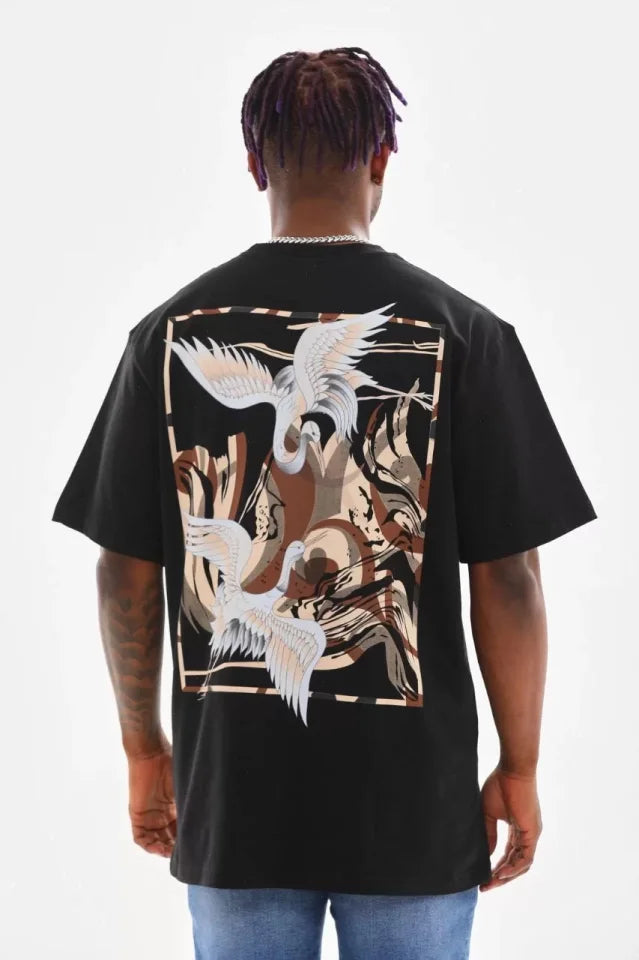 Unisex Baskılı Oversize T-Shirt - Siyah (98653)