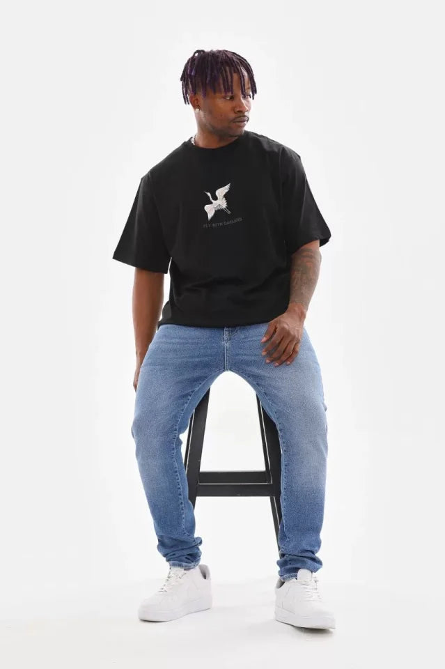Unisex Baskılı Oversize T-Shirt - Siyah (98653)