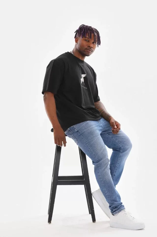 Unisex Baskılı Oversize T-Shirt - Siyah (98653)