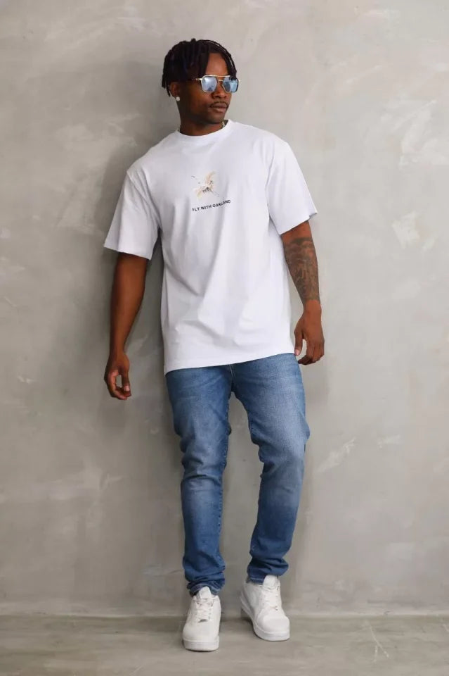 Unisex Baskılı Oversize T-Shirt - Beyaz (98654)