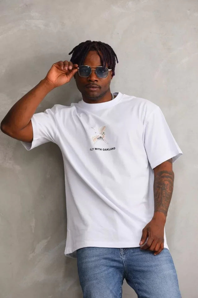 Unisex Baskılı Oversize T-Shirt - Beyaz (98654)