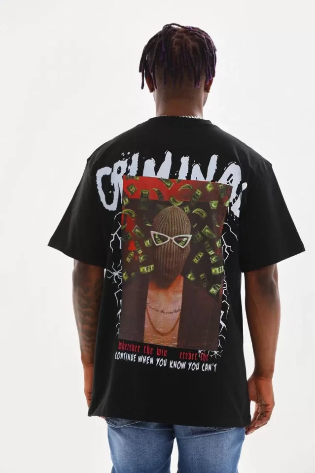Unisex Baskılı Oversize T-Shirt - Siyah (98740)