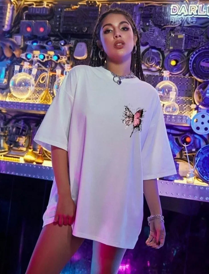 Unisex Baskılı Oversize T-Shirt - Beyaz (99807)