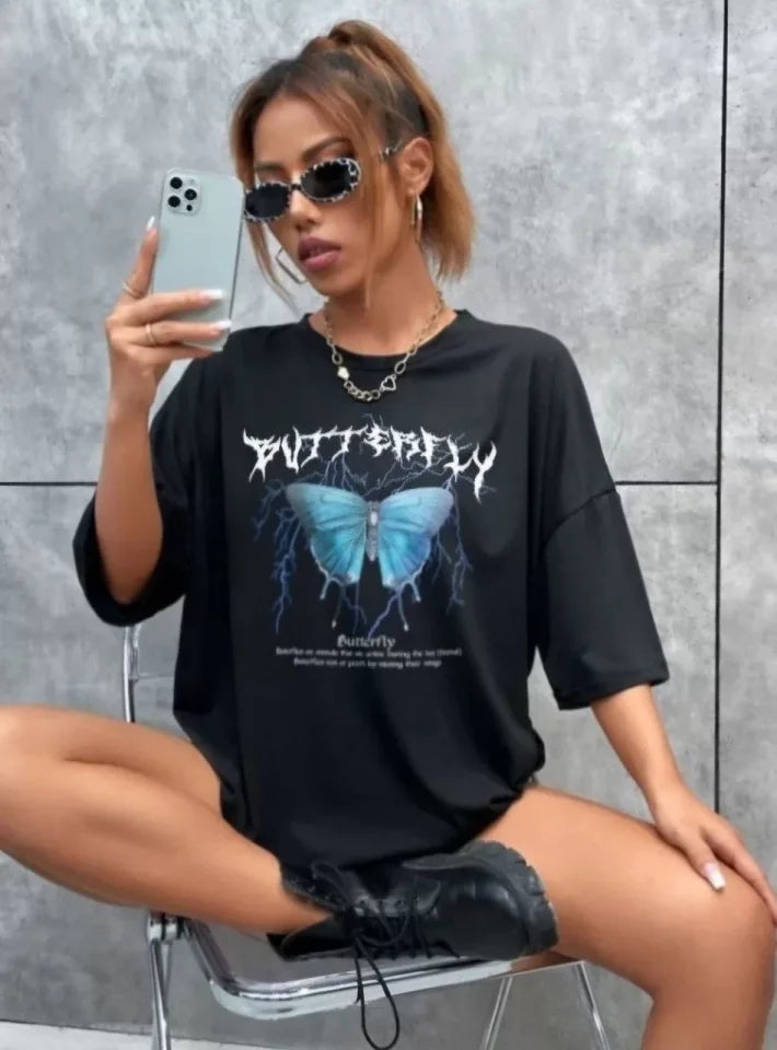 Unisex Baskılı Oversize T-Shirt - Siyah (99811)