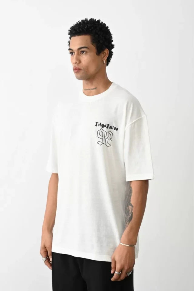 Unisex Baskılı Oversize T-Shirt - Beyaz (100233)