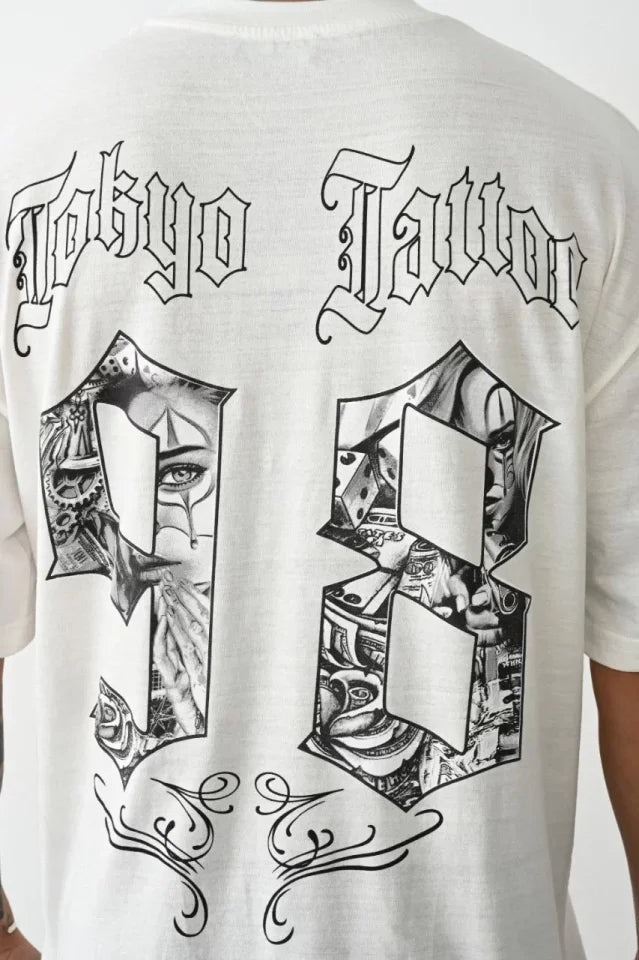 Unisex Baskılı Oversize T-Shirt - Beyaz (100233)
