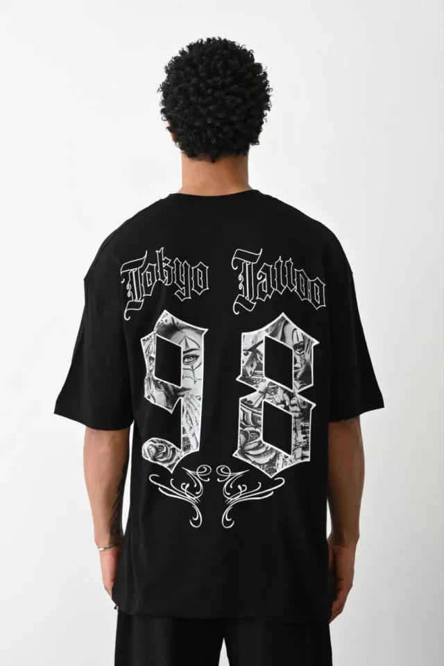 Unisex Baskılı Oversize T-Shirt - Siyah (100234)