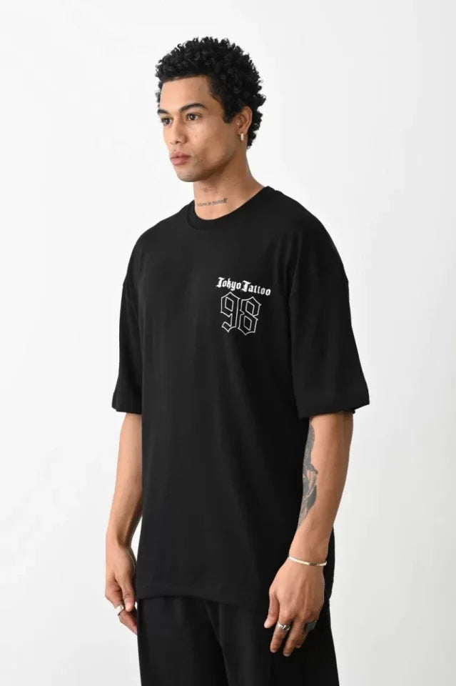Unisex Baskılı Oversize T-Shirt - Siyah (100234)