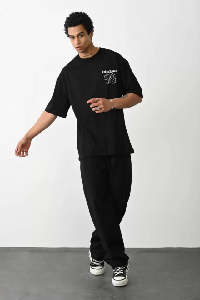 Unisex Baskılı Oversize T-Shirt - Siyah (100234)