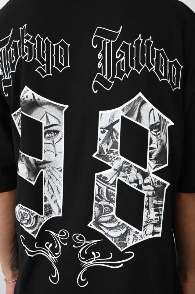 Unisex Baskılı Oversize T-Shirt - Siyah (100234)