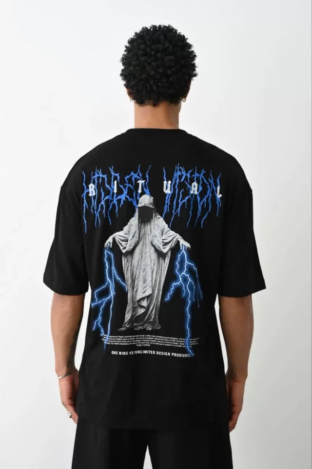 Unisex Baskılı Oversize T-Shirt - Siyah (100235)