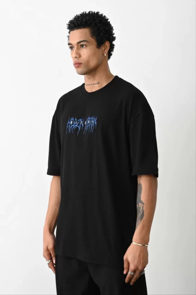 Unisex Baskılı Oversize T-Shirt - Siyah (100235)