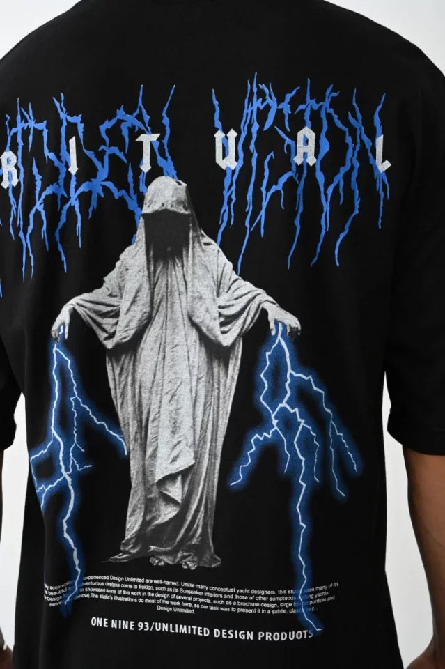 Unisex Baskılı Oversize T-Shirt - Siyah (100235)