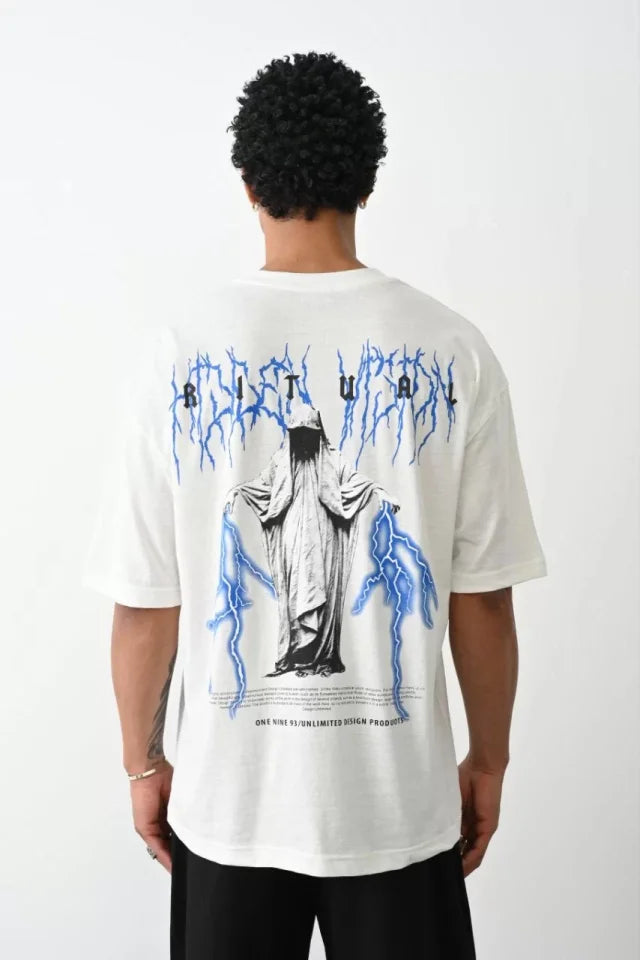 Unisex Baskılı Oversize T-Shirt - Beyaz (100236)