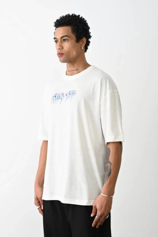 Unisex Baskılı Oversize T-Shirt - Beyaz (100236)