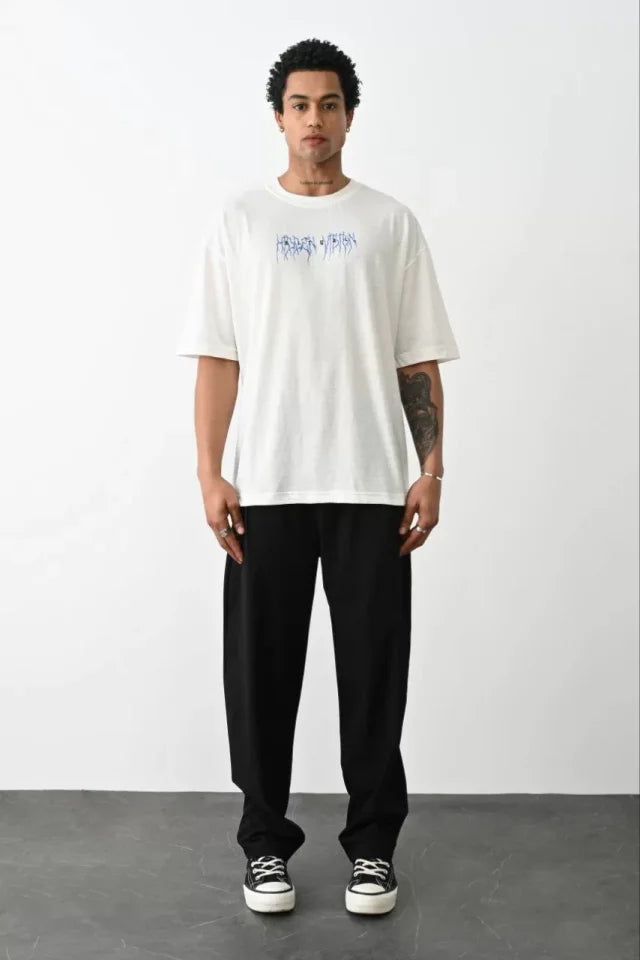 Unisex Baskılı Oversize T-Shirt - Beyaz (100236)