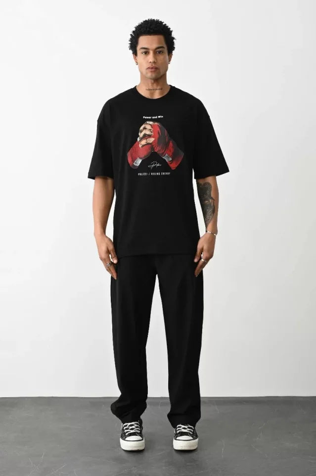 Unisex Baskılı Oversize T-Shirt - Siyah (100238)