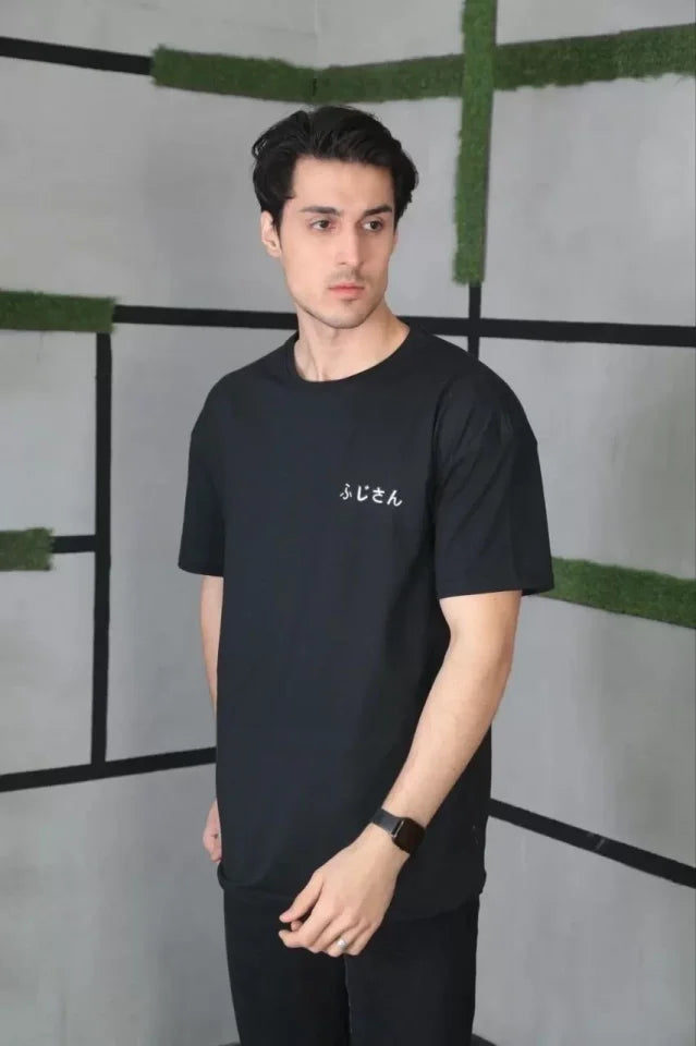 Unisex Bisiklet Yaka Baskılı Oversize T-Shirt - Siyah (101035)