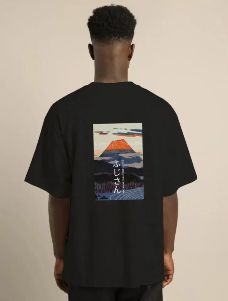 Unisex Bisiklet Yaka Baskılı Oversize T-Shirt - Siyah (101035)