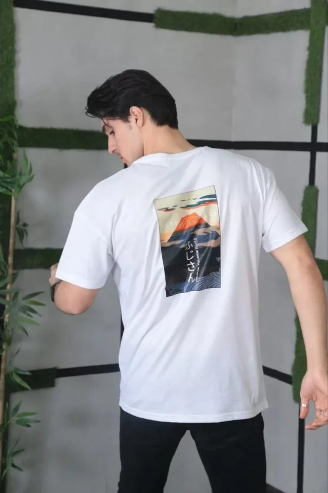 Unisex Bisiklet Yaka Baskılı Oversize T-Shirt - Beyaz (101036)