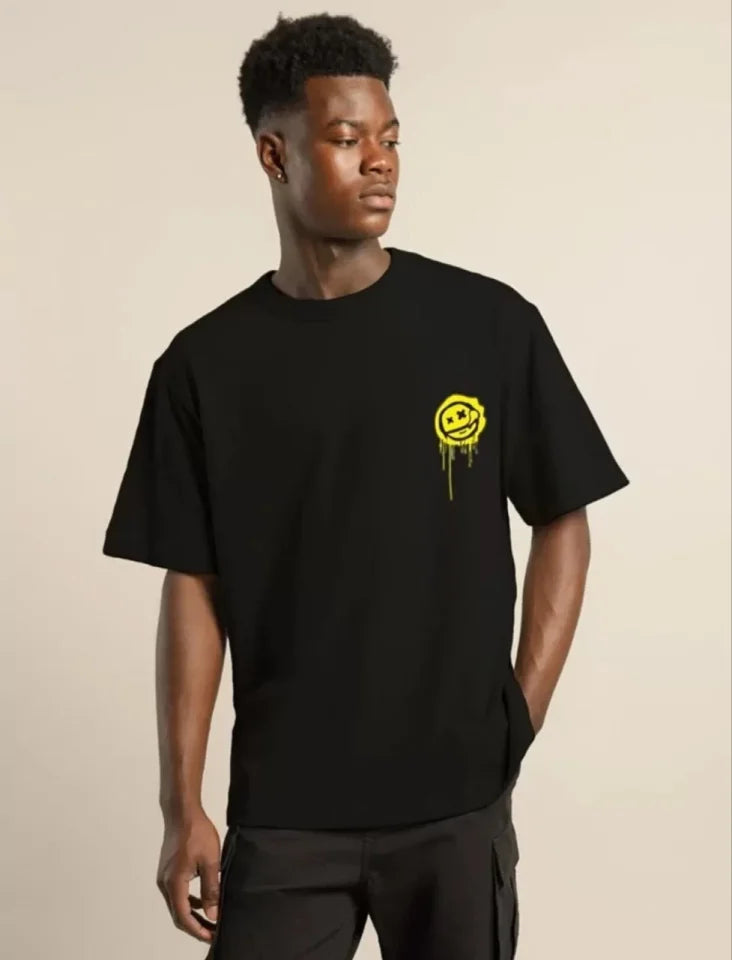 Unisex Bisiklet Yaka Baskılı Oversize T-Shirt - Siyah (101037)