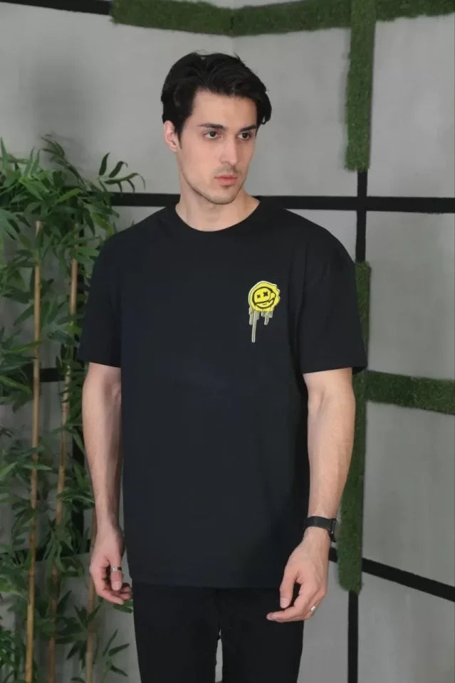 Unisex Bisiklet Yaka Baskılı Oversize T-Shirt - Siyah (101037)