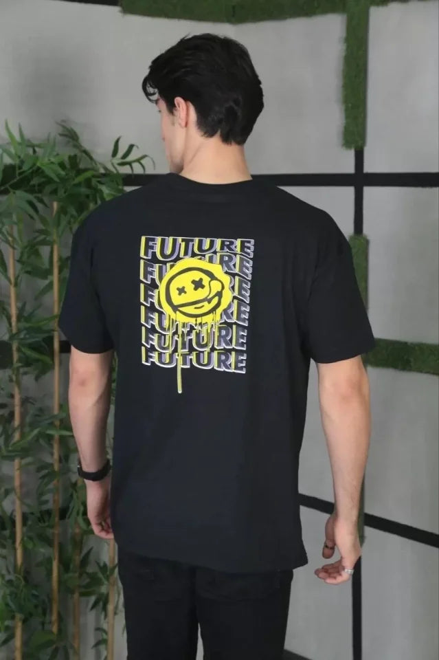 Unisex Bisiklet Yaka Baskılı Oversize T-Shirt - Siyah (101037)