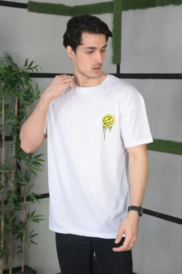 Unisex Bisiklet Yaka Baskılı Oversize T-Shirt - Beyaz (101038)
