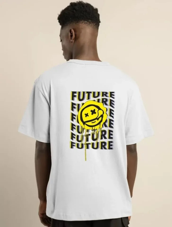Unisex Bisiklet Yaka Baskılı Oversize T-Shirt - Beyaz (101038)