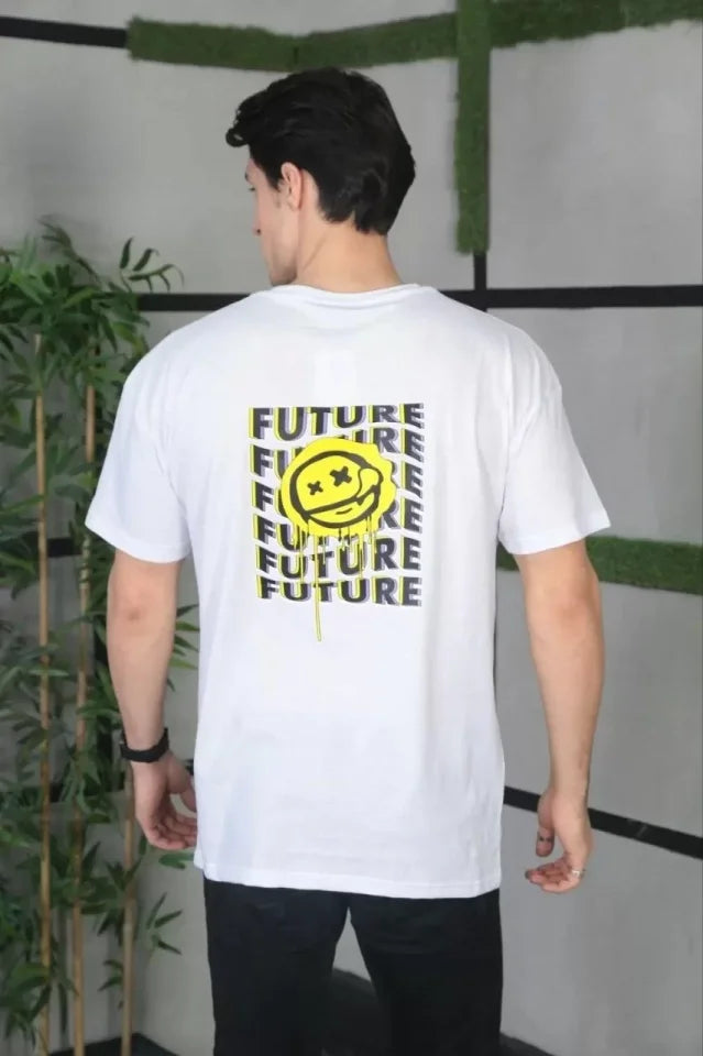 Unisex Bisiklet Yaka Baskılı Oversize T-Shirt - Beyaz (101038)