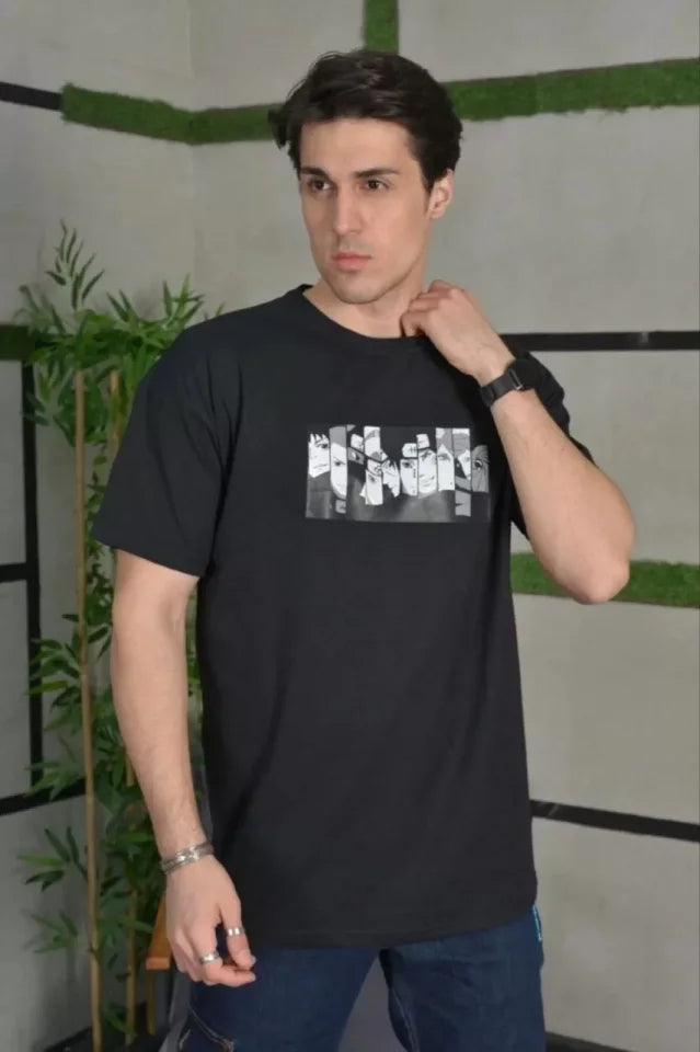 Unisex Bisiklet Yaka Baskılı Oversize T-Shirt - Siyah (101039)