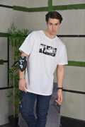 Unisex Bisiklet Yaka Baskılı Oversize T-Shirt - Beyaz (101040)