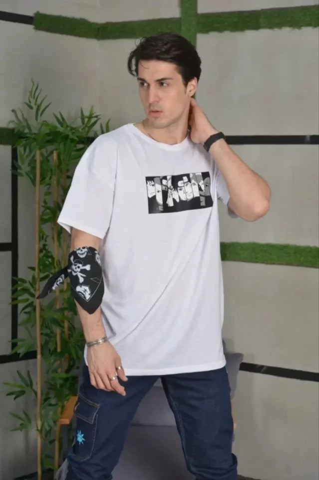 Unisex Bisiklet Yaka Baskılı Oversize T-Shirt - Beyaz (101040)