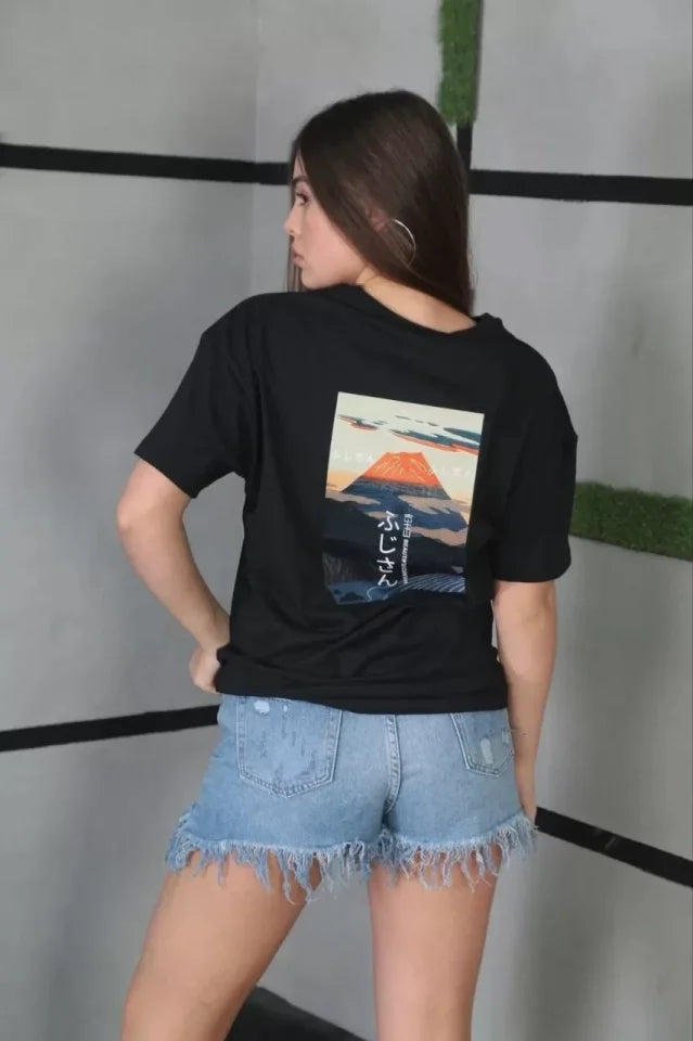 Unisex Bisiklet Yaka Baskılı Oversize T-Shirt - Siyah (101257)
