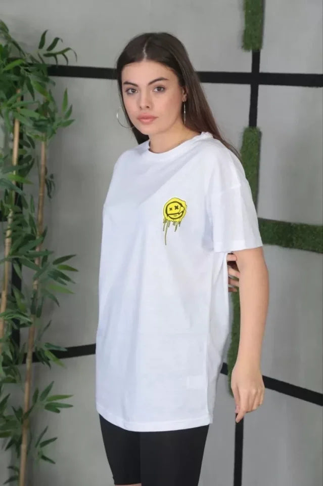 Unisex Bisiklet Yaka Baskılı Oversize T-Shirt - Beyaz (101258)