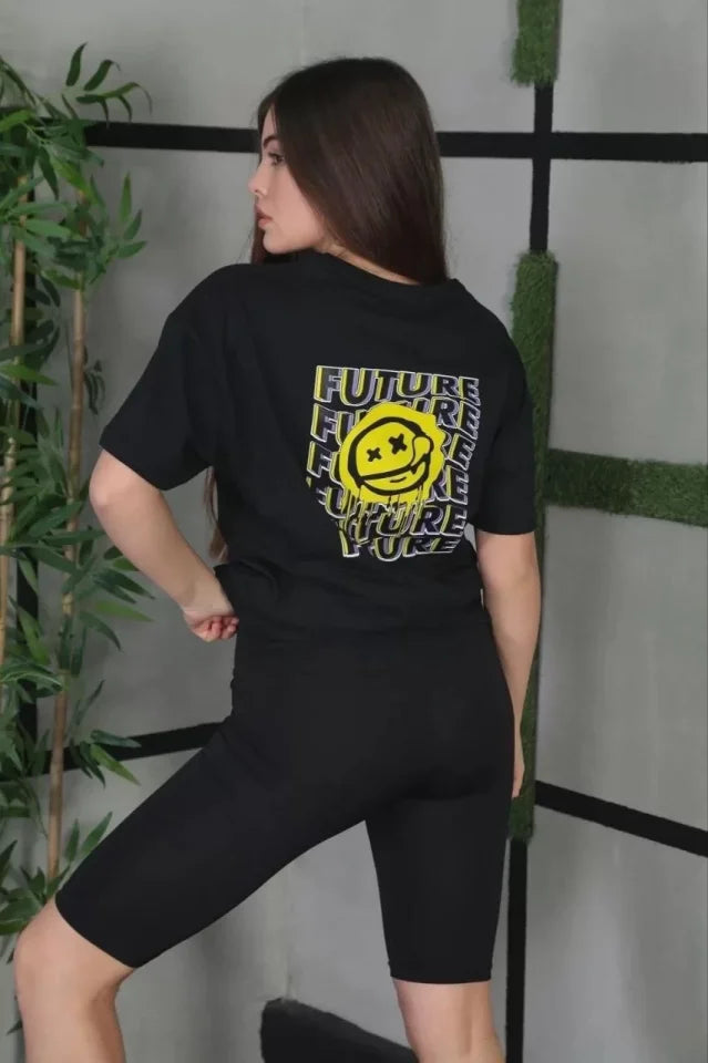 Unisex Bisiklet Yaka Baskılı Oversize T-Shirt - Siyah (101259)