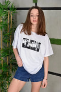 Unisex Bisiklet Yaka Baskılı Oversize T-Shirt - Beyaz (101261)