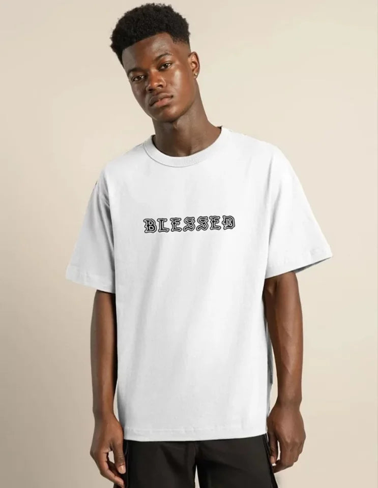 Unisex Bisiklet Yaka Oversize Baskılı T-Shirt - Beyaz (101307)