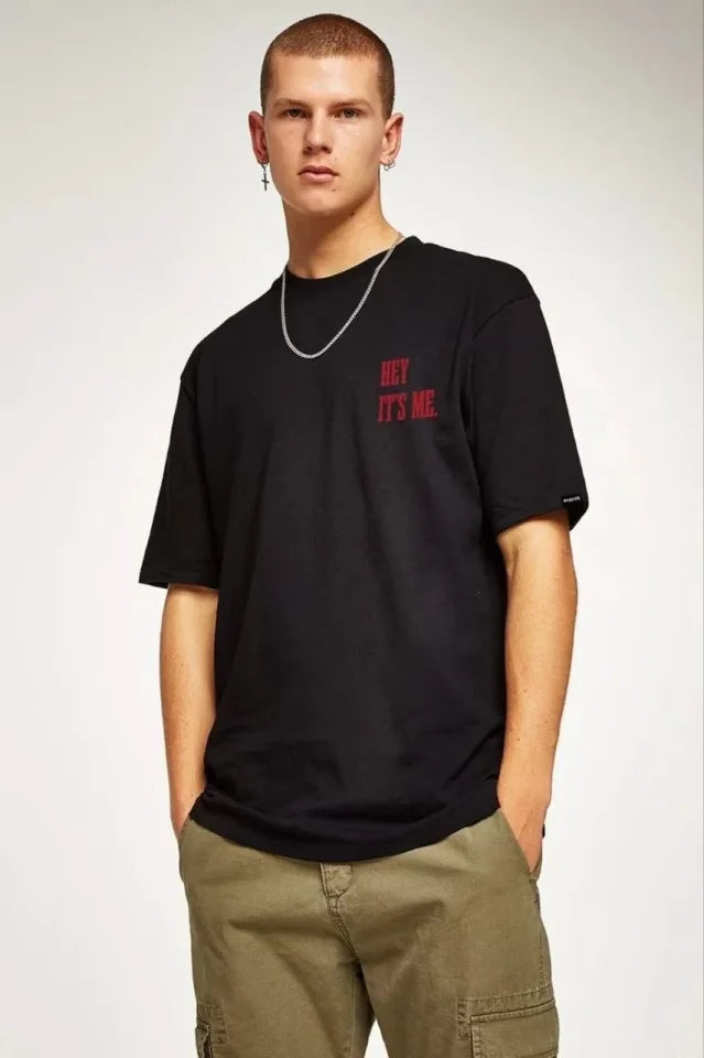 Unisex Bisiklet Yaka Oversize Baskılı T-Shirt - Siyah (101308)