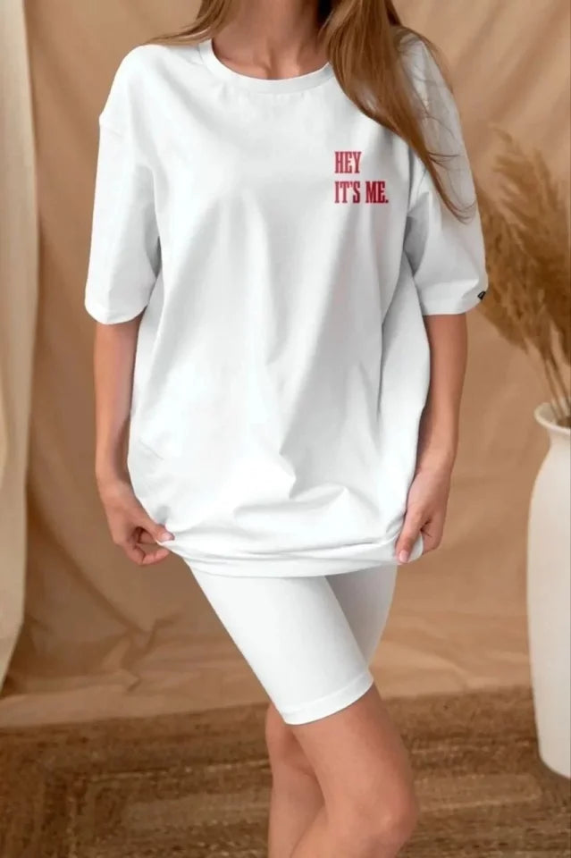 Unisex Baskılı Oversize T-Shirt - Beyaz (101310)