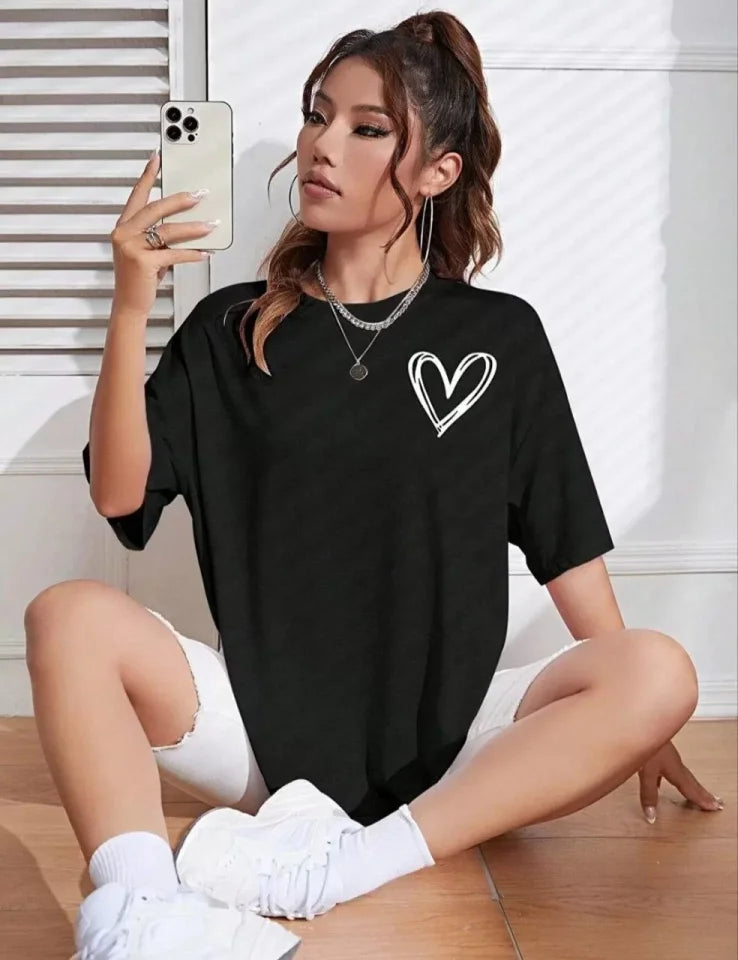 Bisiklet Yaka Baskılı Oversize T-Shirt - Siyah (101465)