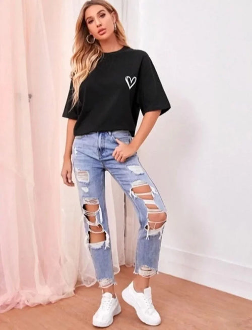 Bisiklet Yaka Baskılı Oversize T-Shirt - Siyah (101465)