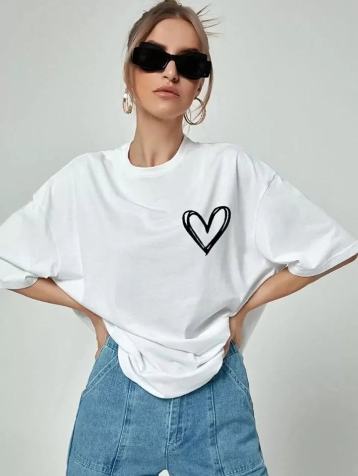Bisiklet Yaka Baskılı Oversize T-Shirt - Beyaz (101466)