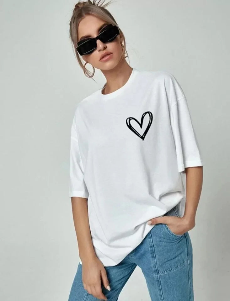 Bisiklet Yaka Baskılı Oversize T-Shirt - Beyaz (101466)