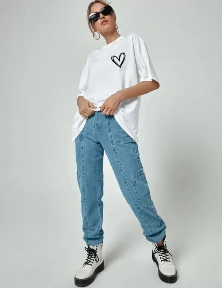 Bisiklet Yaka Baskılı Oversize T-Shirt - Beyaz (101466)
