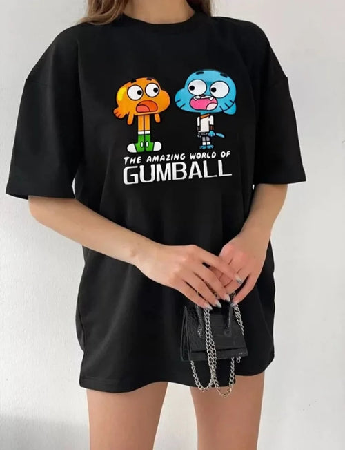 Bisiklet Yaka Baskılı Oversize T-Shirt - Siyah (101467)