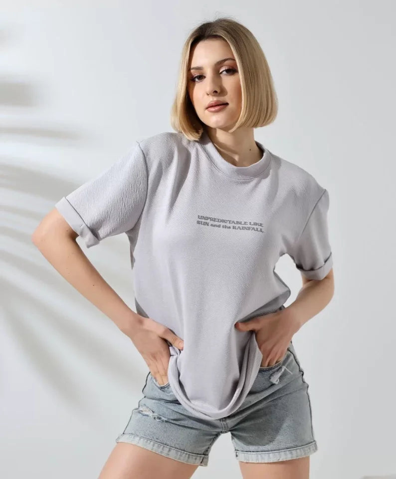 Unisex Bisiklet Yaka Baskılı Slim Fit T-Shirt - Boyalı Gri (101477)