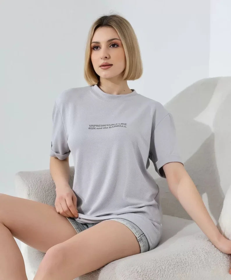 Unisex Bisiklet Yaka Baskılı Slim Fit T-Shirt - Boyalı Gri (101477)