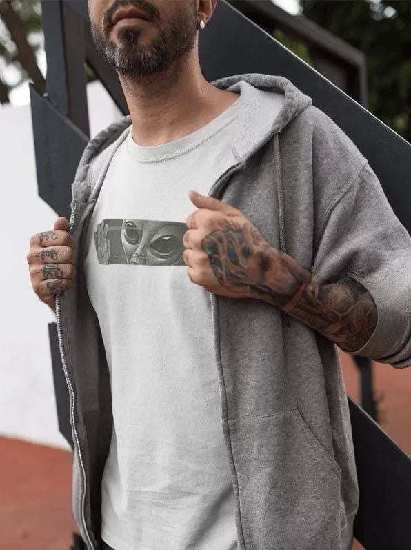 Unisex Bisiklet Yaka Baskılı Oversize T-Shirt - Beyaz (102088)