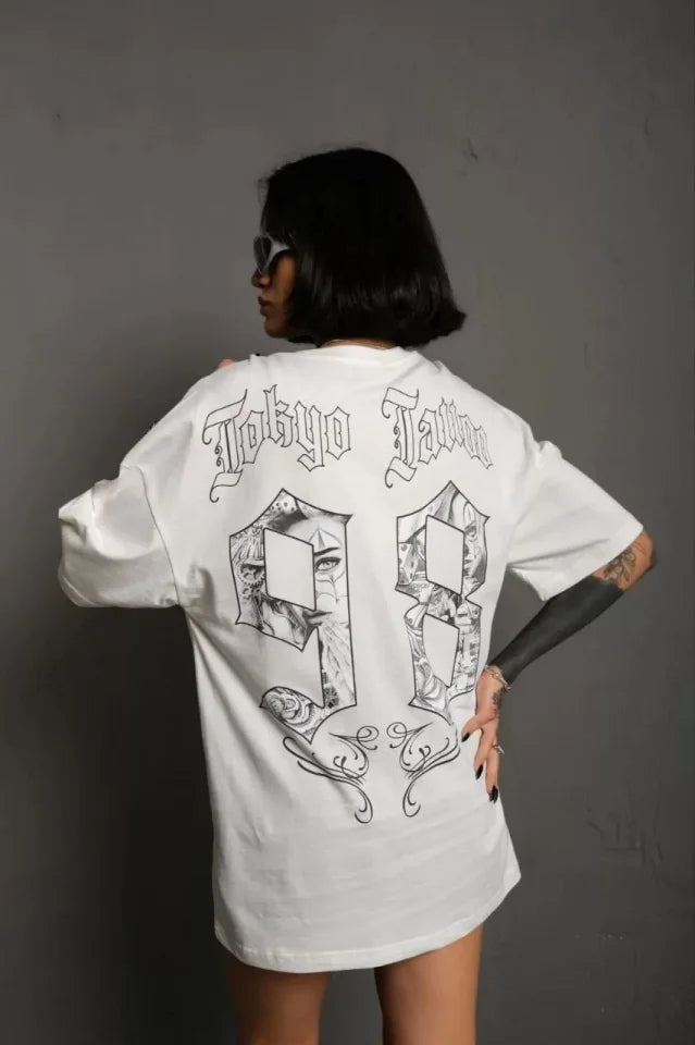 Unisex Bisiklet Yaka Baskılı Oversize T-Shirt - Beyaz (102302)